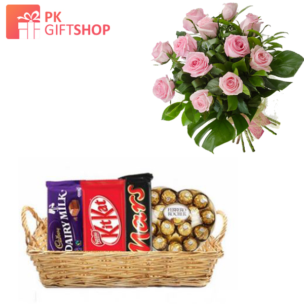 CHOCOLATE BASKET WITH PINK ROSES BUNCH