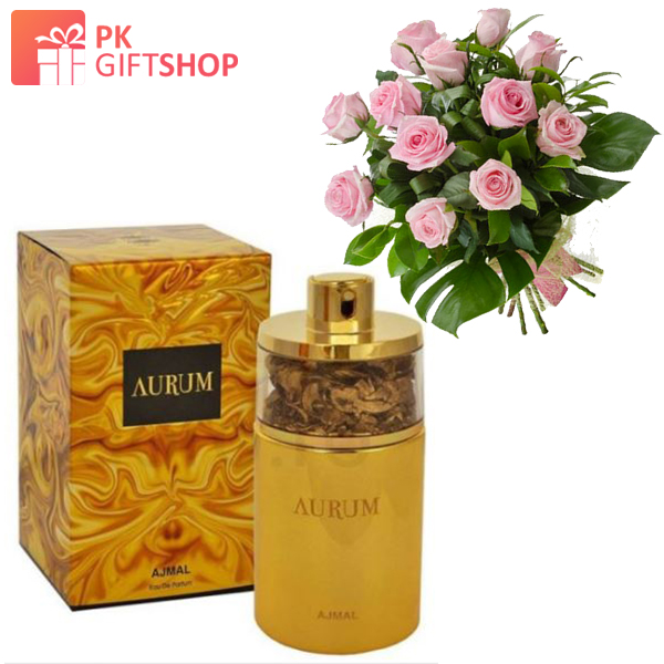 AURUM PERFUME WITH LARGE PINK ROSES BOUQUET