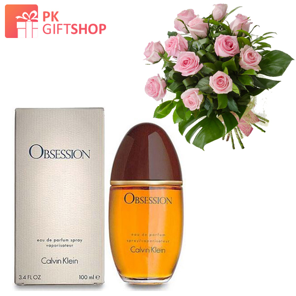 OBSESSION FOR WOMEN BY CALVIN KLEIN WITH BEAUTIFUL ROSES BOUQUET