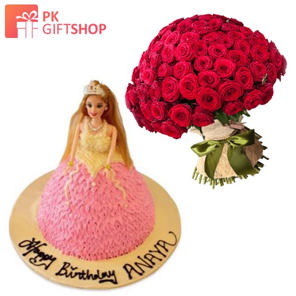 Send BEAUTIFUL BARBIE CAKE WITH DOZEN RED ROSES BOUQUET to
