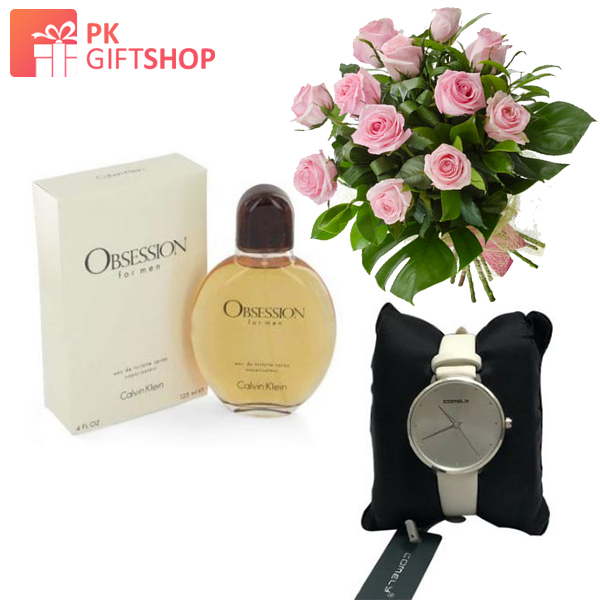 ROSES LARGE BOUQUET, STYLISH WATCH, AND OBSESSION FOR MEN BY CALVIN KLEIN