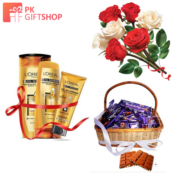 CHOCOLATE BASKET, BEAUTIFUL FLOWER BOUQUET, AND OIL GIFT SET