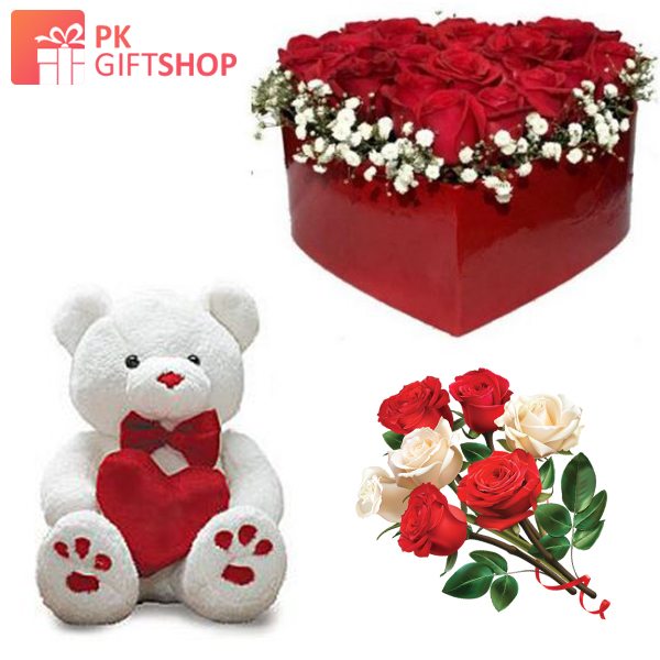 LOVELY TEDDY BEAR, AFFECTION AND ROSES BOUQUET