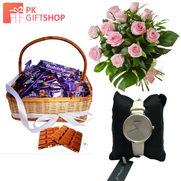 DAIRY MILK BASKET, STYLISH WATCH AND ROSES BOUQUET