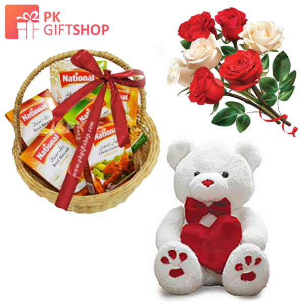 CUTE TEDDY BEAR, FOOD MASALA BASKET, AND ROSES BOUQUET