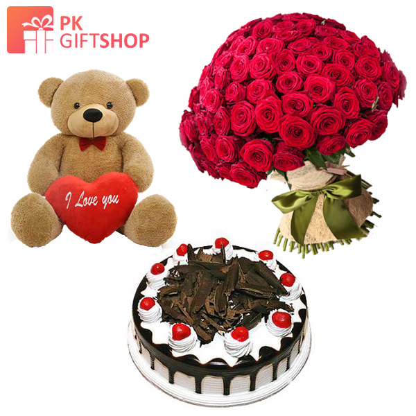 TEDDY BEAR, BLACK FOREST BAKERY CAKE, AND ROSES BOUQUET