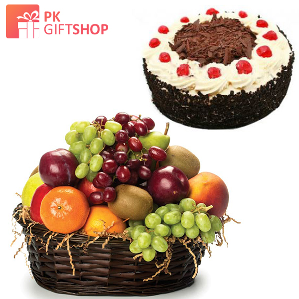 SPECIAL BLACK FOREST CAKE WITH FRUIT BASKET