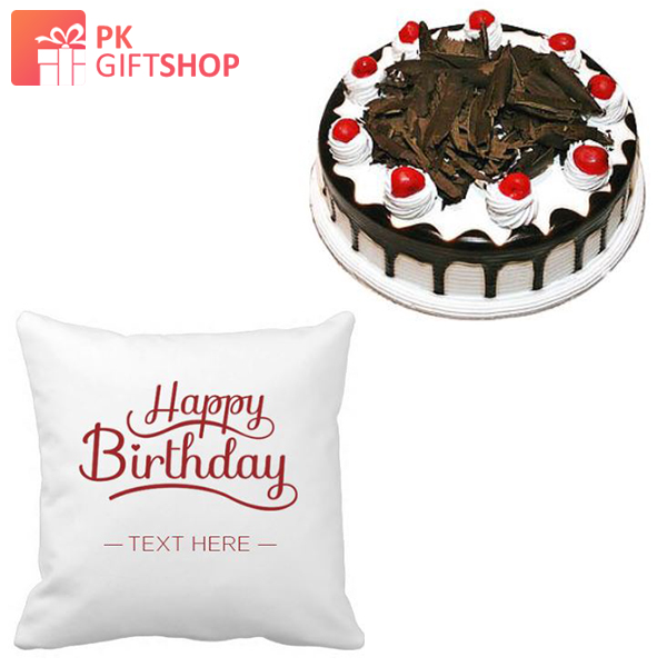 BLACK FOREST CAKE WITH HAPPY BIRTHDAY CUSHION