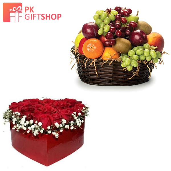 FRESH FRUIT BASKET WITH RED ROSE AFFECTION