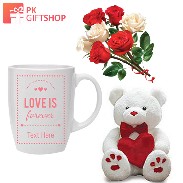 ROSE BOUQUET, CUTE TEDDY BEAR AND LOVE FOREVER MUG