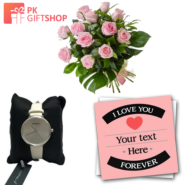 LOVE YOU CARD, ROSES BOUQUET AND WATCH