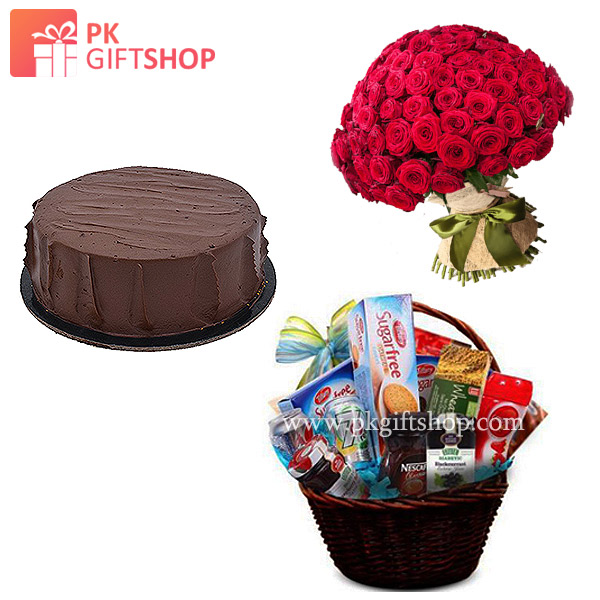SUGAR FREE GIFT BASKET, ROSE BOUQUET & CHOCOLATE CAKE