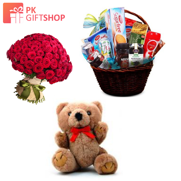 SUGAR FREE GIFT BASKET, ROSE BOUQUET AND TEDDY BEAR