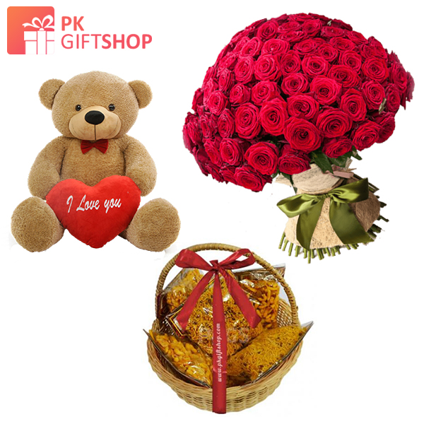 TEA TIME BASKET, RED ROSES BOUQUET AND TEDDY BEAR