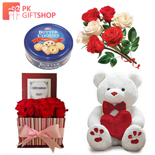 BEAUTIFUL BLOSSOMS WITH COOKIES, ROSES AND TEDDY
