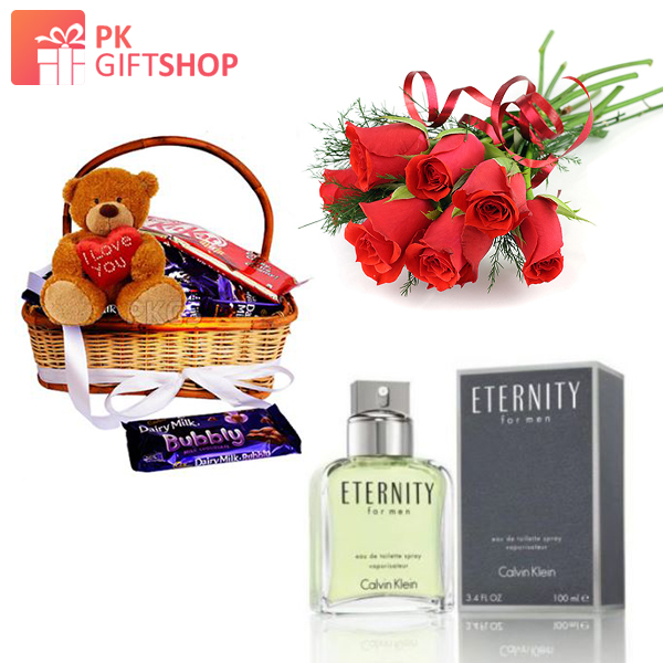ETERNITY PERFUME WITH CHOCOLATES, ROSES AND TEDDY