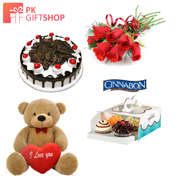 ROSES WITH CUPCAKES, TEDDY AND BLACK FOREST