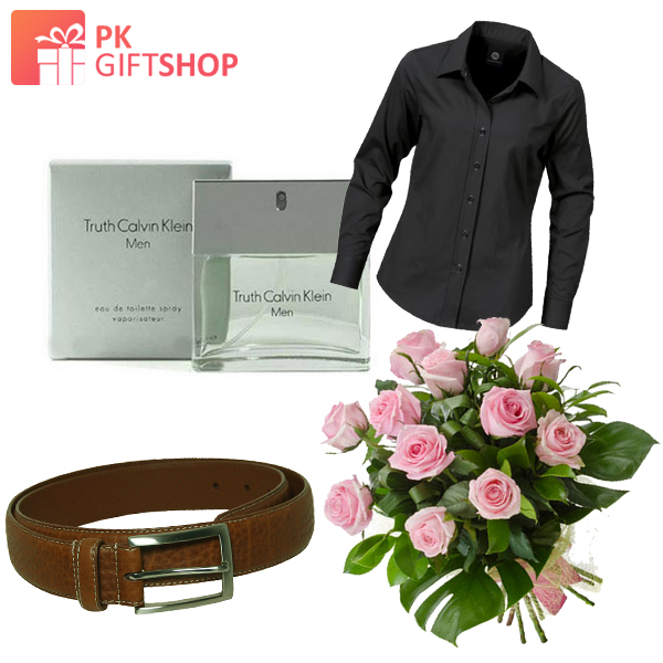 BROWN BELT WITH TRUTH PERFUME, ROSES AND SHIRT