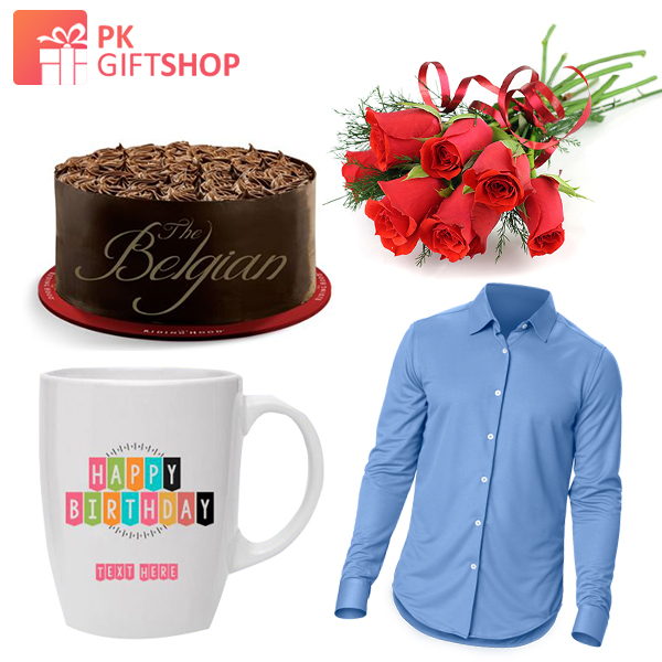 CHOCOLATE CAKE WITH ROSES, MUG AND BLUE SHIRT