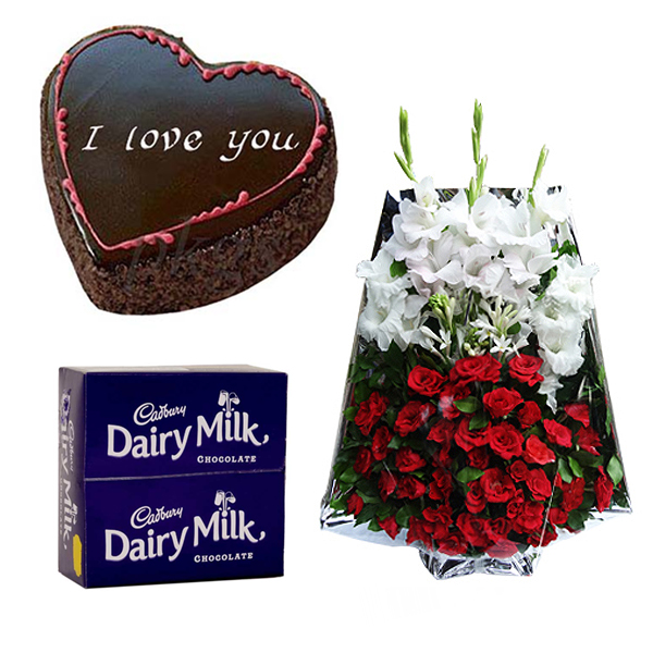 VALENTINE’S CAKE WITH LARGE BOUQUET AND DAIRY MILK