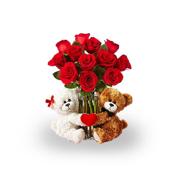 RED ROSES BOUQUET WITH 2 TEDDY BEARS