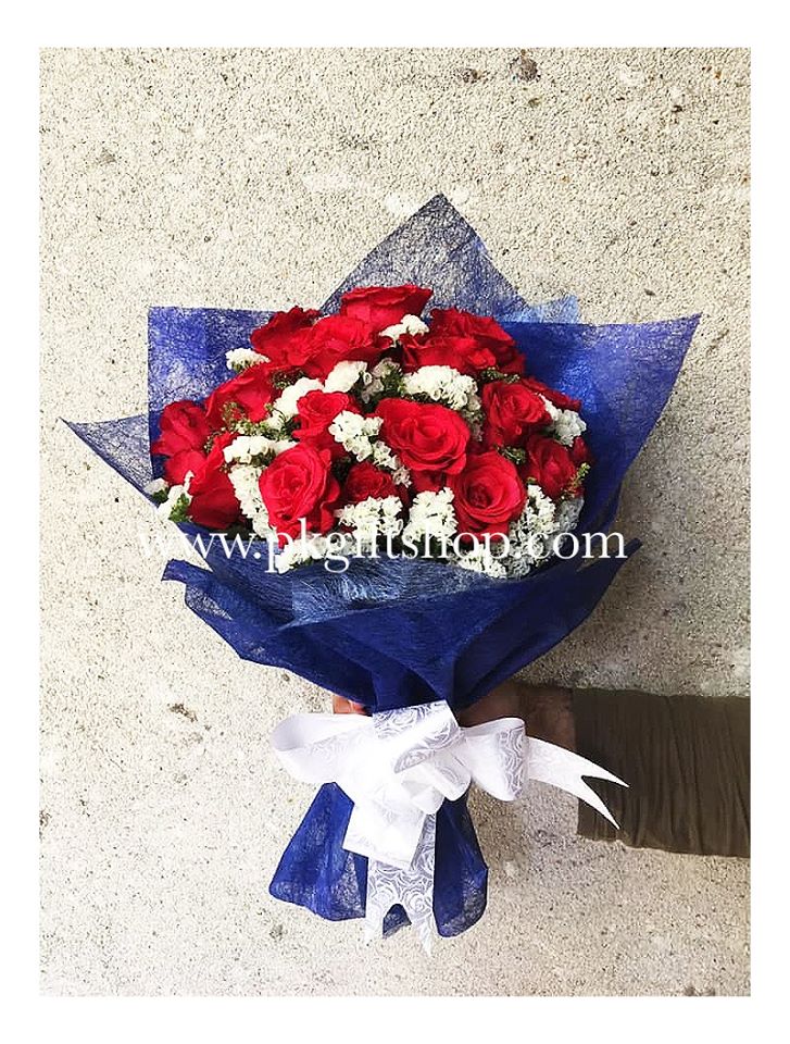 RED ROSES WITH WHITE STATICE BOUQUET