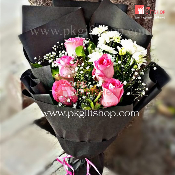 IMPORTED PINK ROSES WITH BABY BREATH & DAISY FLOWERS