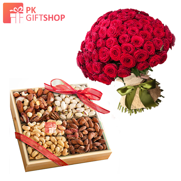 DRY FRUITS WITH RED ROSES LARGE BOUQUET