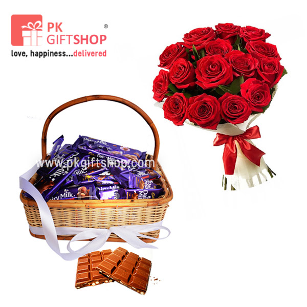 24 DAIRY MILK CHOCOLATES BASKET WITH ONE DOZEN RED ROSES