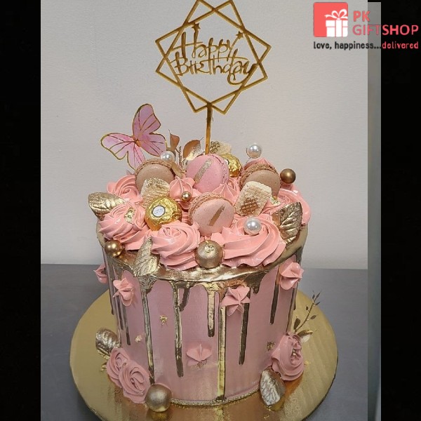 BLUSH FLORAL CAKE WITH GOLDEN DRIP