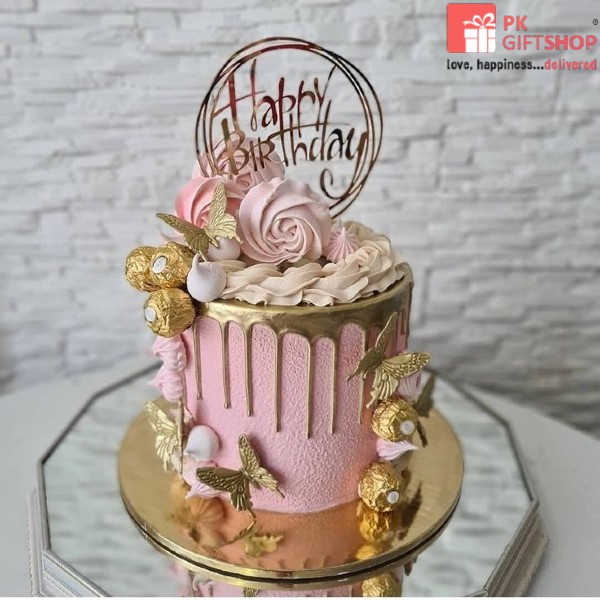 RICH BLUSH FLORAL CAKE WITH GOLDEN DRIP