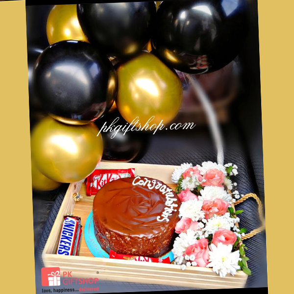 BALLOON DECOR BOX WITH CAKE, CHOCOLATES & FLOWERS