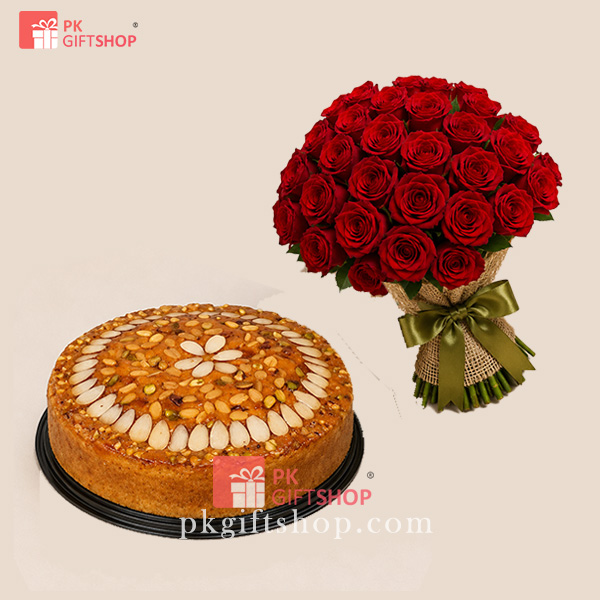 DRY ALMOND CAKE AND ROSE BOUQUET