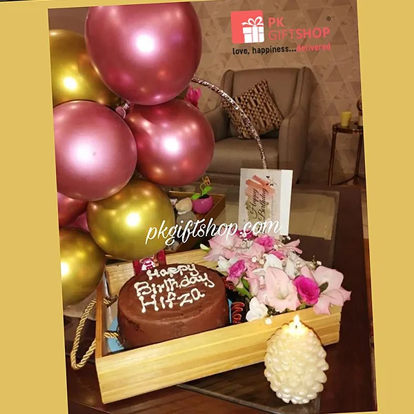 BALLOON DECOR BOX WITH CAKE, CHOCOLATES & FLOWERS