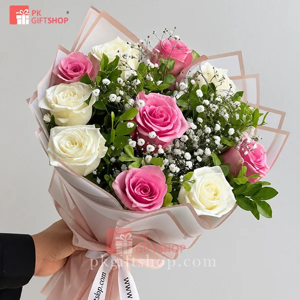 WHITE & PINK IMPORTED ROSES BOUQUET