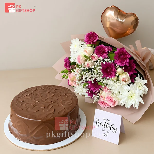 CAKE, CRYSANTHYMUM AND ROSES BOUQUET & A BALLOON