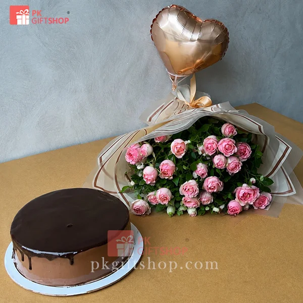 CAKE, IMPORTED ROSES BOUQUET & A BALLOON