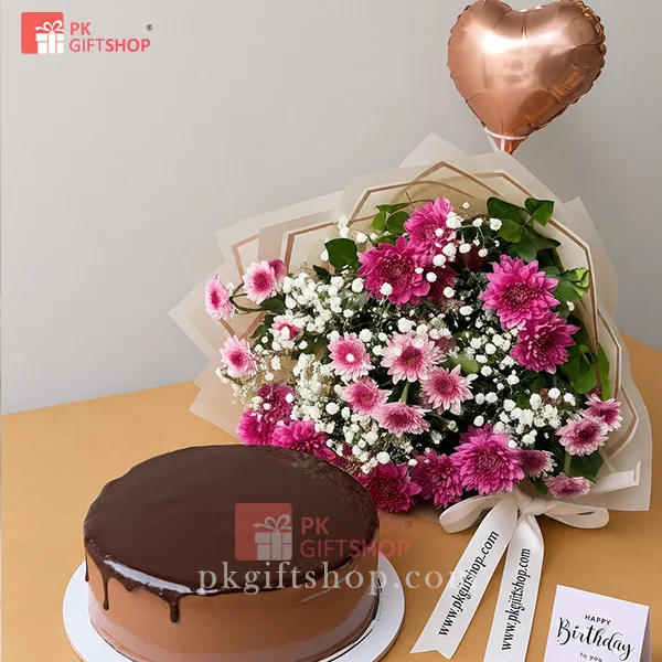 CAKE, CRYSANTHYMUM BOUQUET & A BALLOON